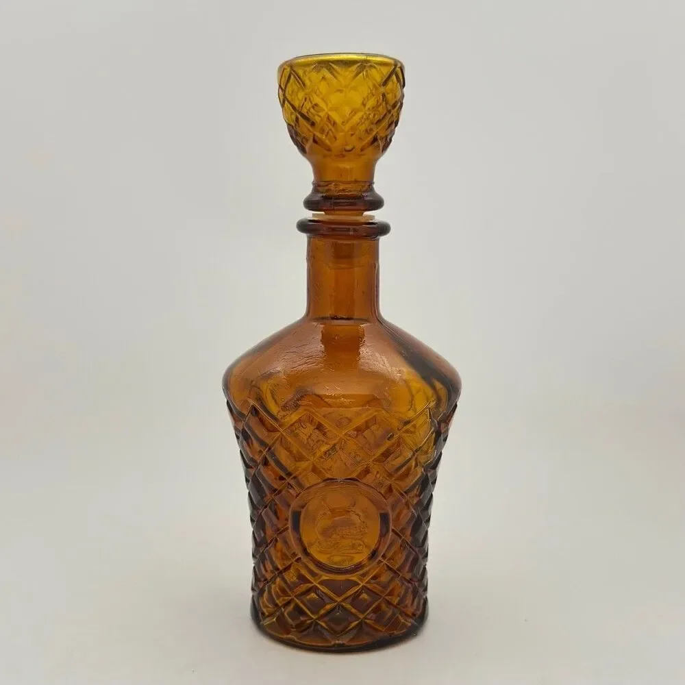 Vintage Mid-Century Amber Pressed Glass Decanter with Stopper – Made in Taiwan